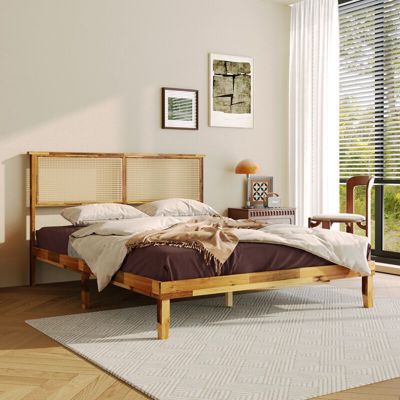 FUFU&GAGA Natural Solid Wood Bed Frame with Faux Hex Rattan Accent, Sturdy Acacia Platform Bed with Plywood Slats, No Box Spring Needed, Queen Size (82.6" L x 62" W x 41.1" H), Brown