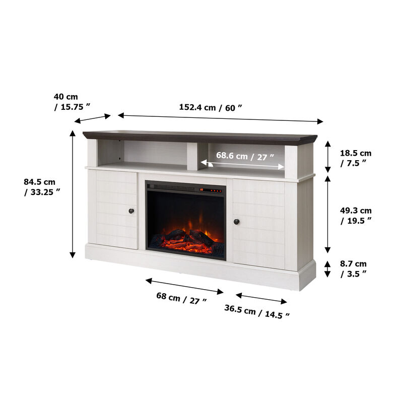 Teamson Home Eliana Modern 60" TV  Stand Console with Electric Fireplace, Dark Oak/White