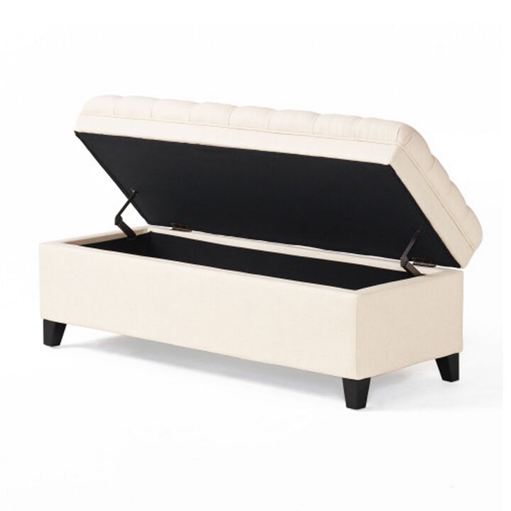 Rhya Storage Bench, 50 Inch Button Tufted Plush Seat, Soft Beige - Benzara