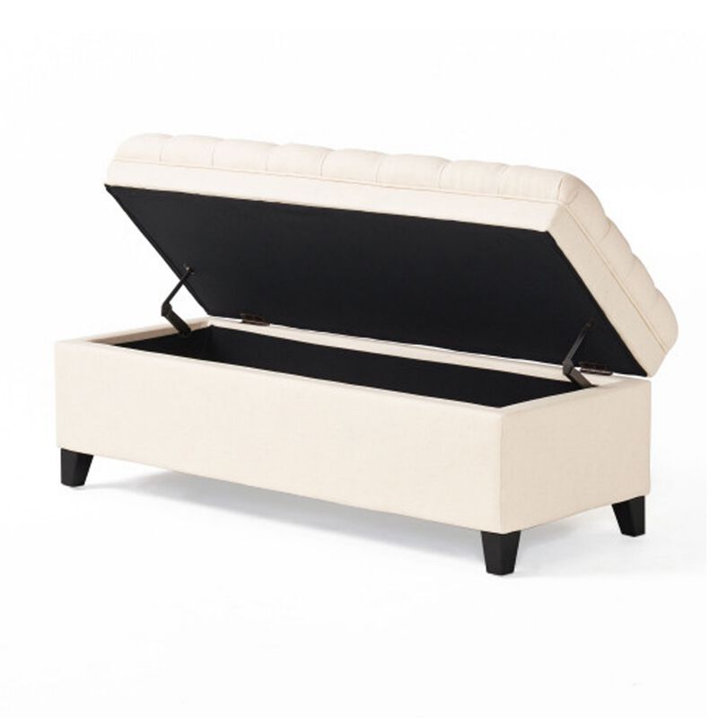Rhya Storage Bench, 50 Inch Button Tufted Plush Seat, Soft Beige - Benzara