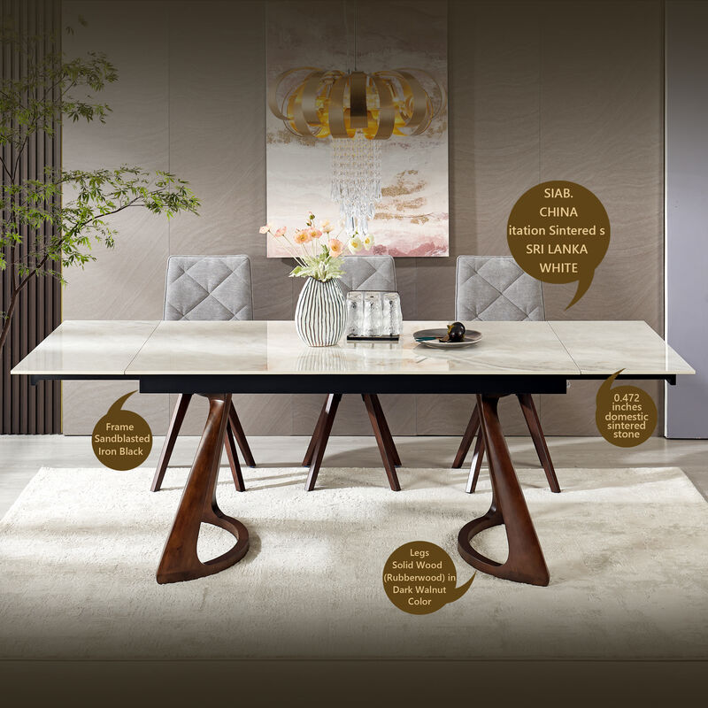 Retractable Imitation Sintered stone Table,Heat Resistant Scratch proof Heavy Duty Carbon,Dark Walnut Solid Wood Base image number 6