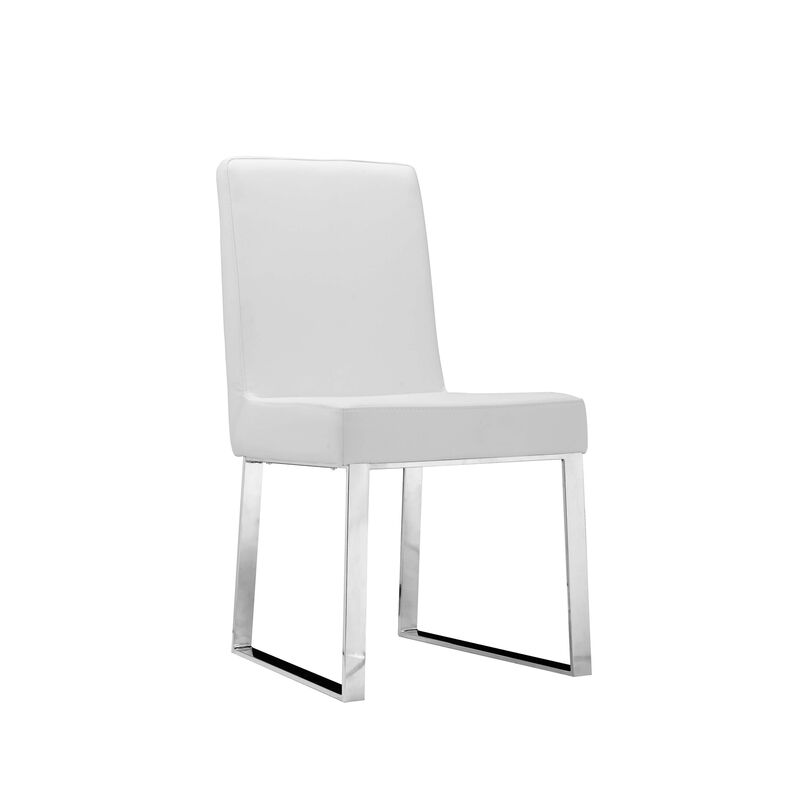 Ien 25 Inch Dining Chair Set of 2, Armless, White Faux Leather, Chrome - Benzara