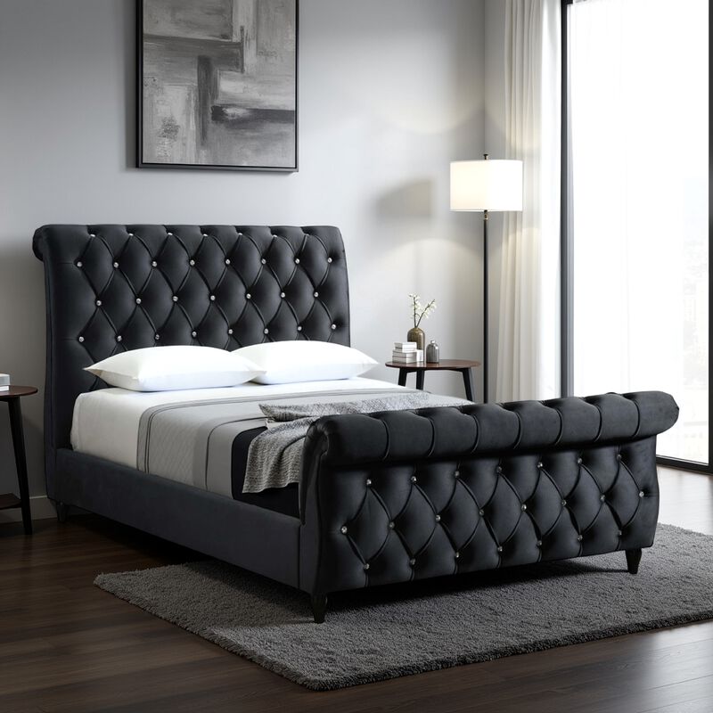 Ellowen King Size Bed, Diamond Tufted Upholstery, Panel Headboard, Black - Benzara