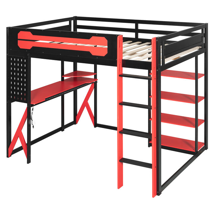Merax Full Size Wood Loft Bed with Desk, Shelves, Power Outlet