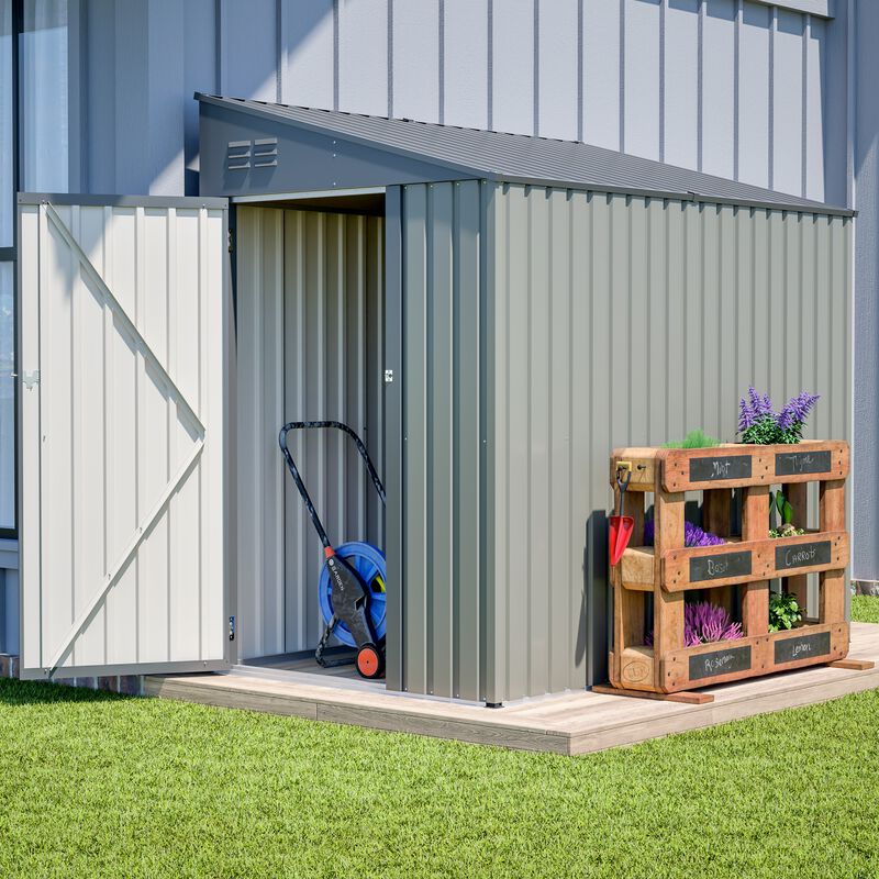 4x7 FT Olive Grey Lean-To Steel Shed, All-Weather Outdoor Storage with Vents & Lockable Doors image number 2
