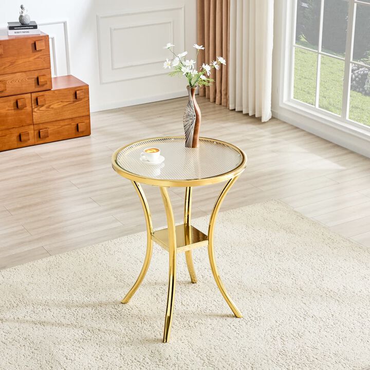 Round Bar Table with Tempered Glass Top Stainless Steel Wrapped Bar Table with Storage Shelf Bistro Bar Table for Cafe Kitchen Dining