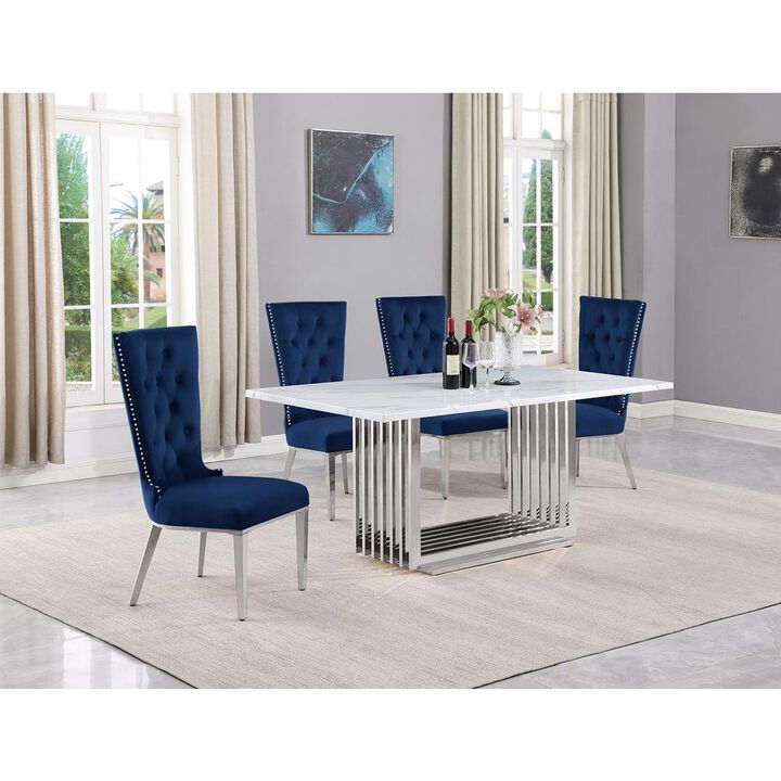5pc Small(68") marble top dining set with silver base and 4 Navy Blue chairs