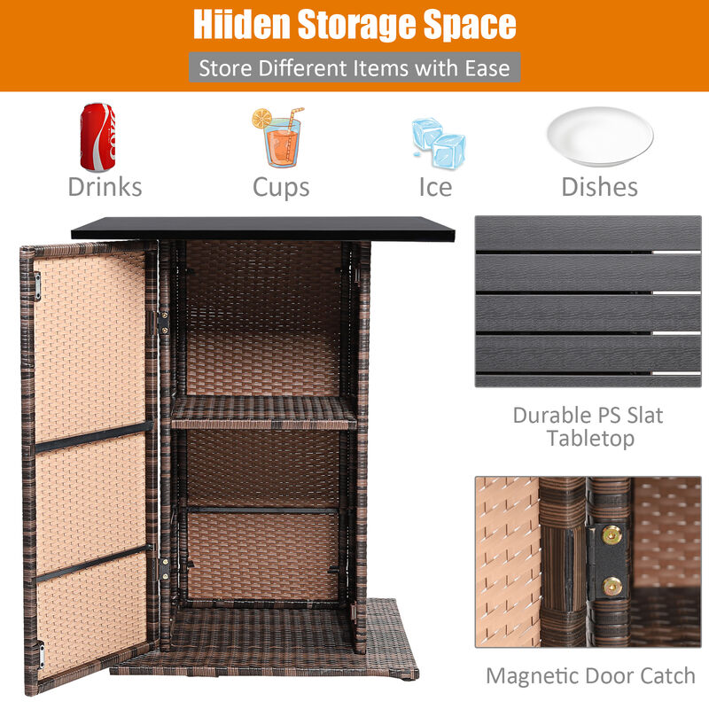 5 Pieces Patio Rattan Bar Table Stool Set Hidden Storage Shelf Cushioned