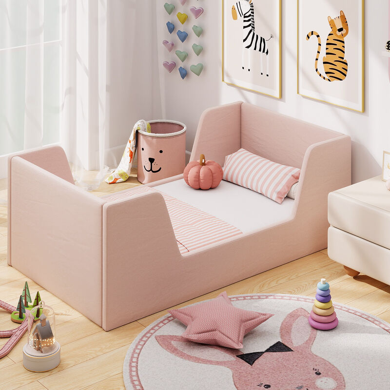 Velvet Upholstered Toddler Bed Frame with Protective Safety Rails image number 4