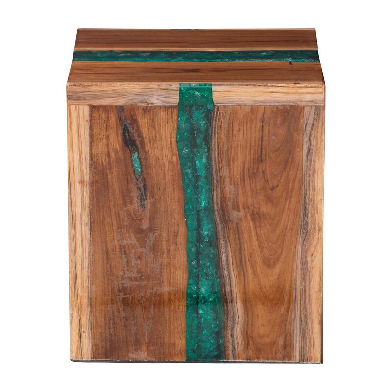 bali & pari Anan Teak Wood Epoxy Resin End Table - Live Edge Cube Side Table, Handcrafted Modern Rustic Accent Table for Living Room or Bedroom, Cube