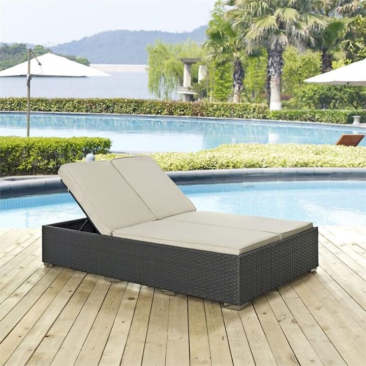 Modway Sojourn Wicker Rattan Outdoor Patio Sunbrella Fabric Double Chaise in Chocolate Beige