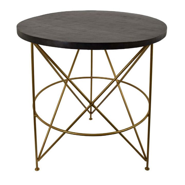 23 Inch Plant Stand Table, Round Top, Modern Gold Geometric Frame, Black - Benzara
