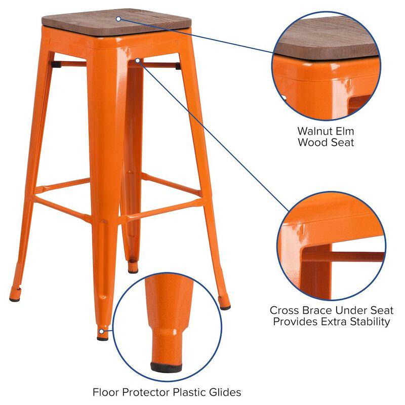 Flash Furniture 30" High Backless Orange Metal Barstool with Square Wood Seat image number 2
