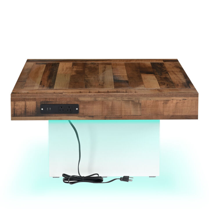 Clihome 31.4'' x 31.4'' Farmhouse Coffee Table with 2 USB Ports and Outlets, Brown Spliced Wood Grain Center Table with LED Light, Rustic Cocktail Table with Charging Station for Living Room, Black