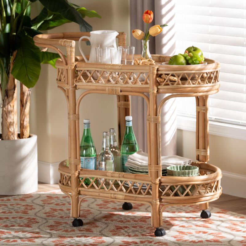 bali & pari Raul Natural Rattan Kitchen Cart - 2-Tier Handwoven Wicker Storage Trolley with Handle for Kitchen or Lounge image number 7