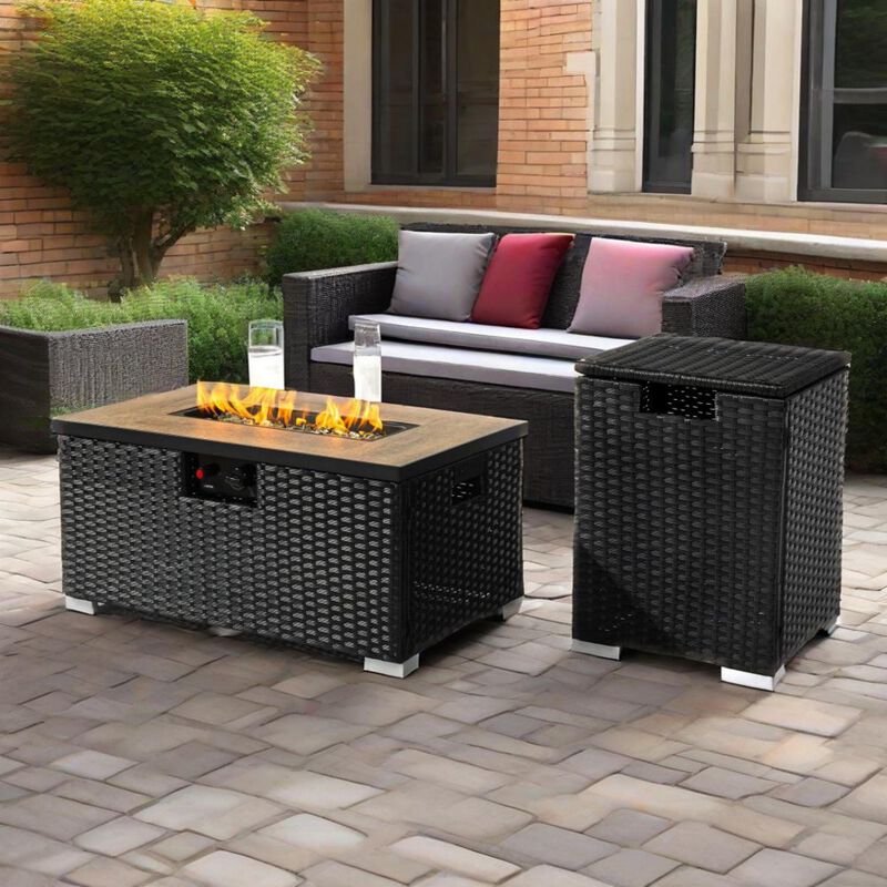 32" Propane Gas Fire Pit Table with Propane Tank Cover 2-Pieces, 50000 BTU Rectangular Steel Fire Pit with Beautiful Wicker Base for Outside Garden