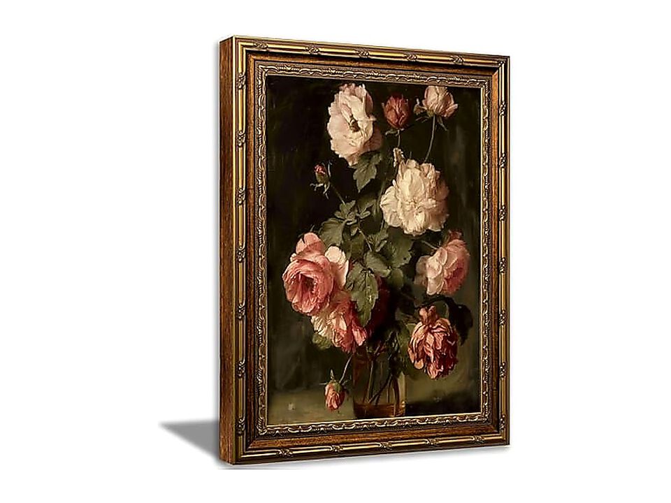 Vintage Gold Framed Rose Floral Wall Art Still Life Canvas Dark Academia Moody
