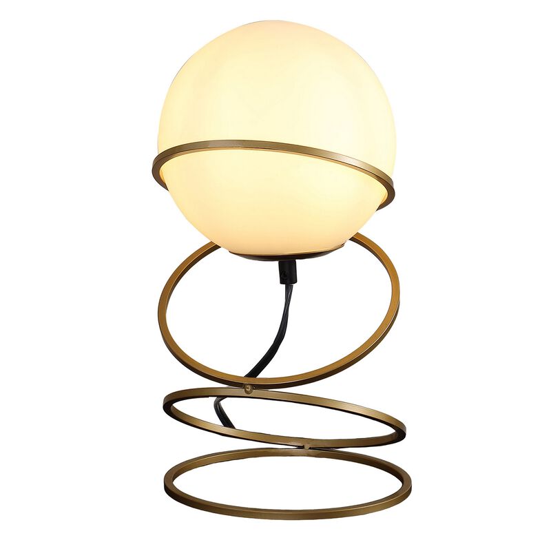 Table Lamp, White Glass Globe, 4 Spiral Ring Accented Base 14 Inch - Benzara