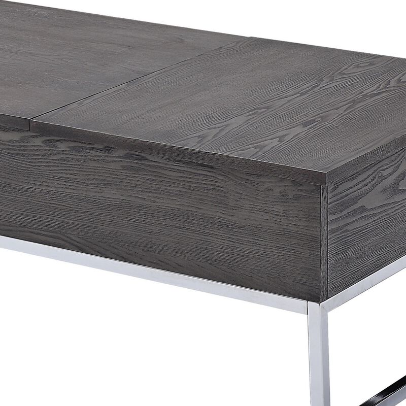 Wooden Coffee Table with Two Lift Tops and Metal Sled Leg Support, Gray and Silver-Benzara image number 3