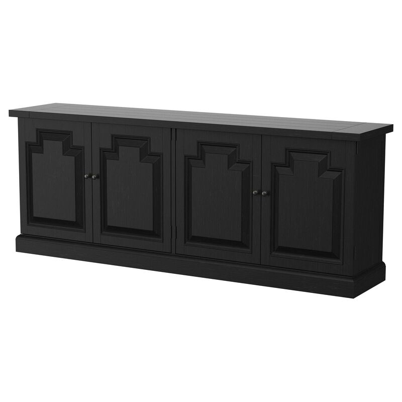Som Dining Sideboard Buffet, 4 Carved Doors, Classic Black Pine Wood - Benzara