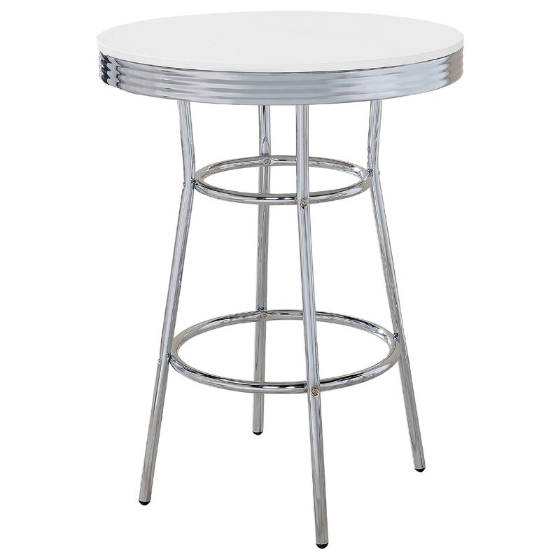 Loy 3 Piece Retro Bar Table Set, Round White Top, 2 Stools, Chrome