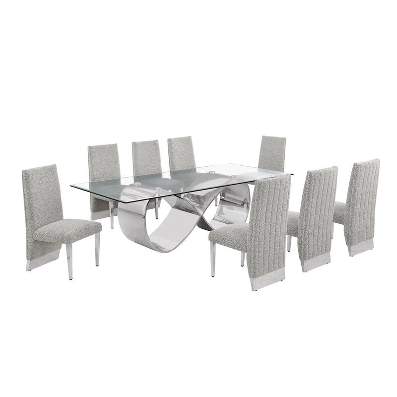 Best Quality Furniture 9Pc Tempered Glass Dining Set 8 Rich Gray Boucle Side Chairs And Silver Base