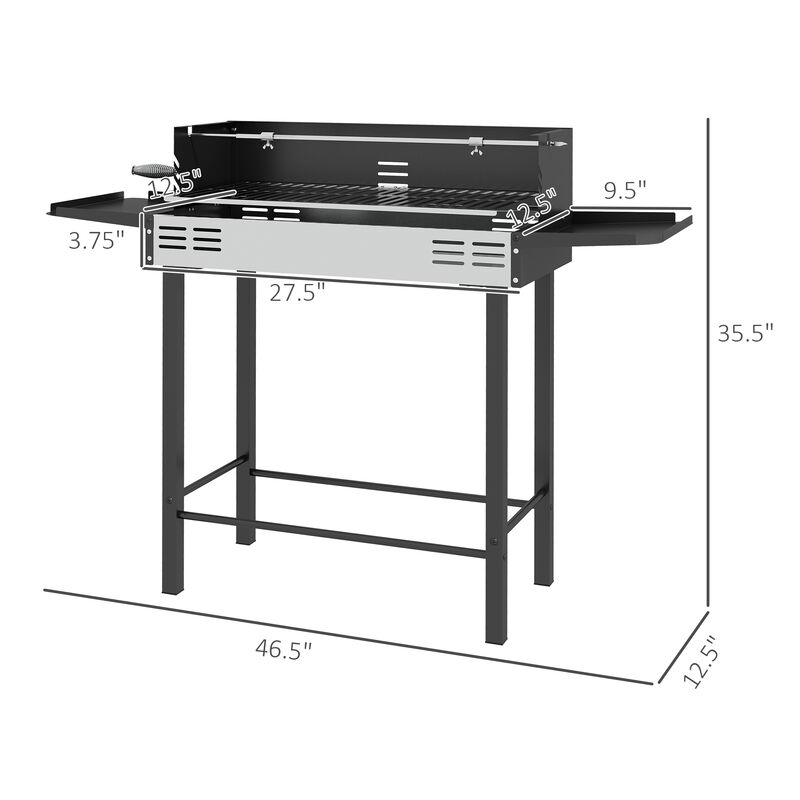 Outsunny BBQ Rotisserie Grill Roaster, Charcoal Split Roaster for Chicken, Turkey with 3-Level Grill Grate, Foldable Storage Shelves, and Wind Deflector, Stainless Steel, Black