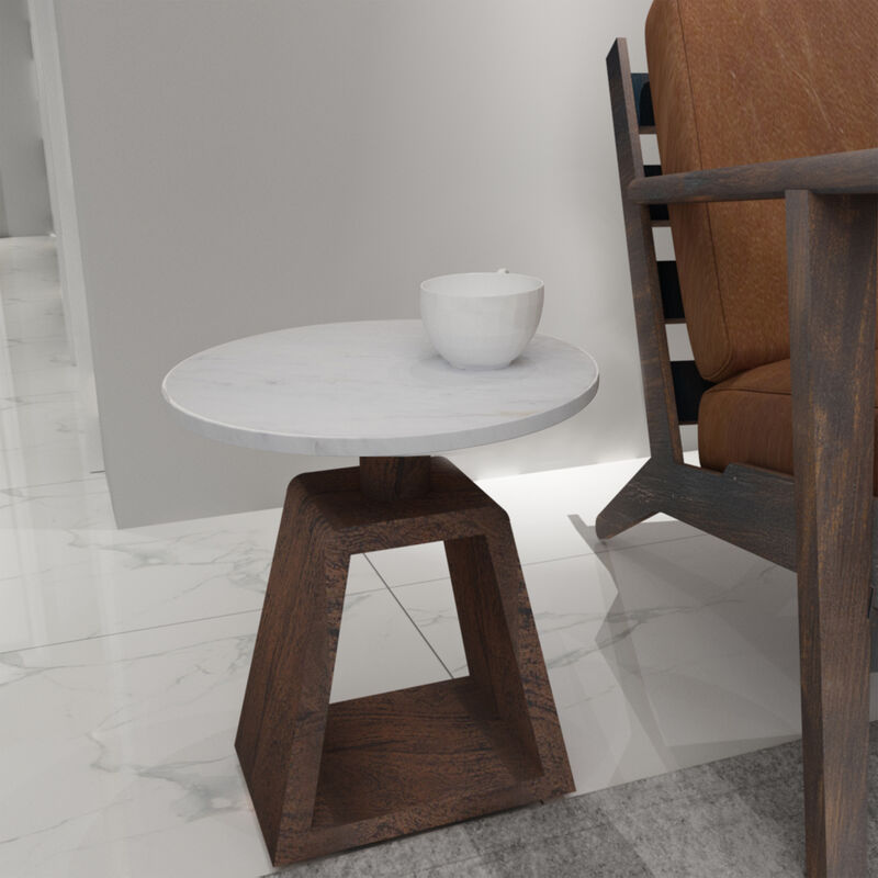 Port Blair Side End Table, Round White Genuine Marble Top with Handcrafted Mango Wood 16.5 Inch image number 1