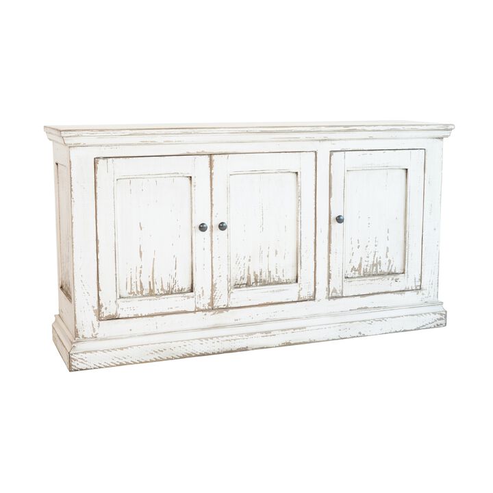 Miy Sideboard Buffet Cabinet, 3 Door, Antique White Pine Wood 65 Inch - Benzara