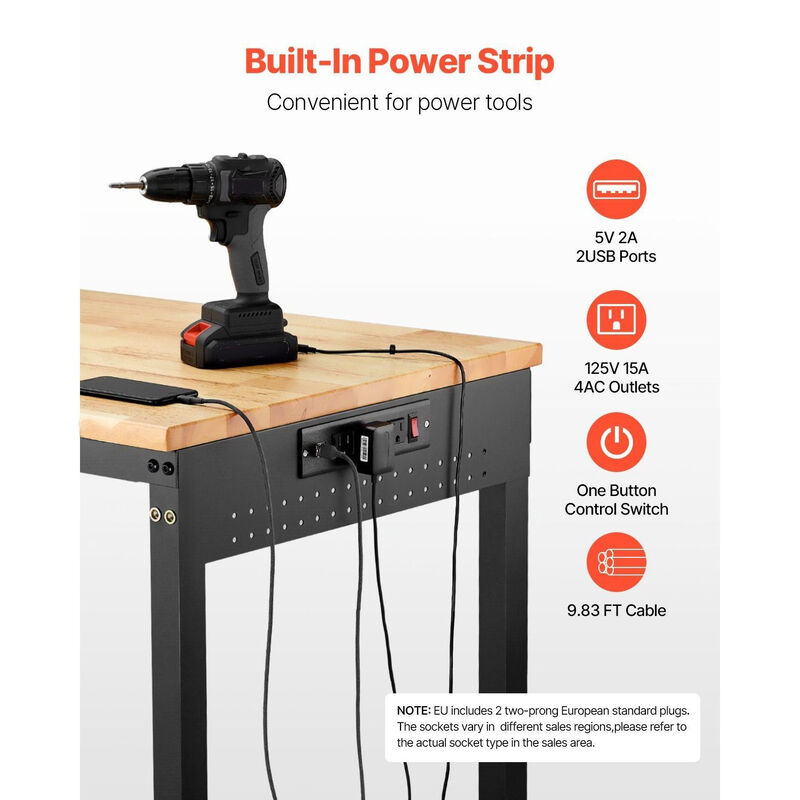 Adjustable Workbench with Power Outlet, Pegboard and Wheels Heavy Duty Wood Top image number 5