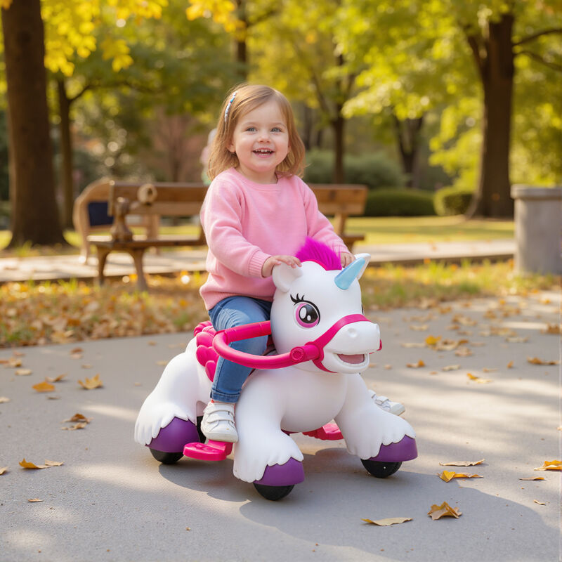 BreeBe 12V Unicorn Ride on Horse with Carrot Toy, Comb, Animal Sounds image number 1