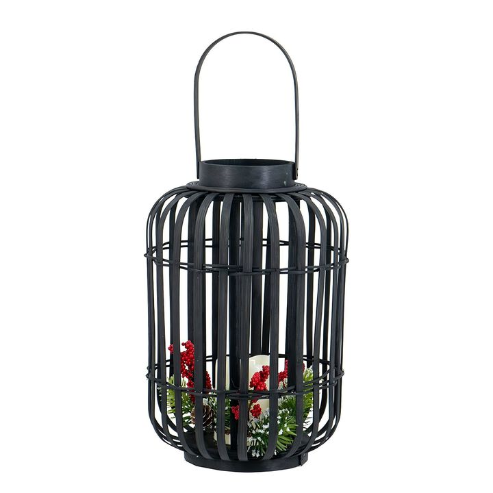 Clihome 9.3x9.3x13.8" Black Bamboo Lantern with White LED Candle