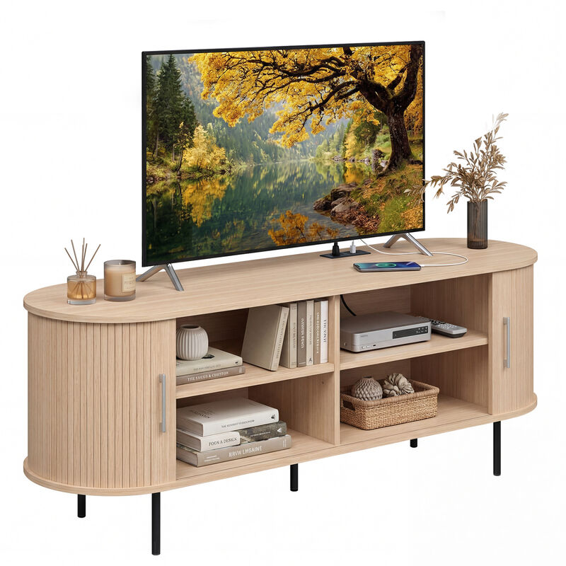 Mid Century Modern Fluted TV Stand with Curved Entertainment Center image number 3