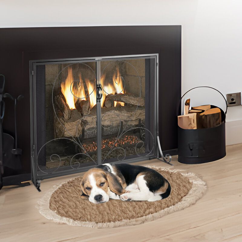 Single Panel Fireplace Screen with Door, Sturdy Iron Mesh Fire Guard for Indoor Hearth-Black image number 1