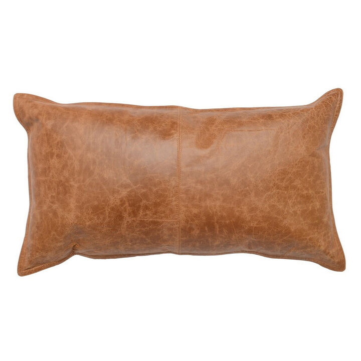 Rectangular Leatherette Throw Pillow with Stitched Details, Small, Brown - Benzara