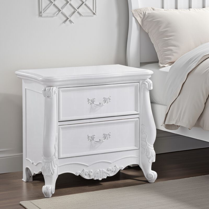 Maver Nightstand with 2 Drawers Scrolled Details, 32 Inch White Wood - Benzara