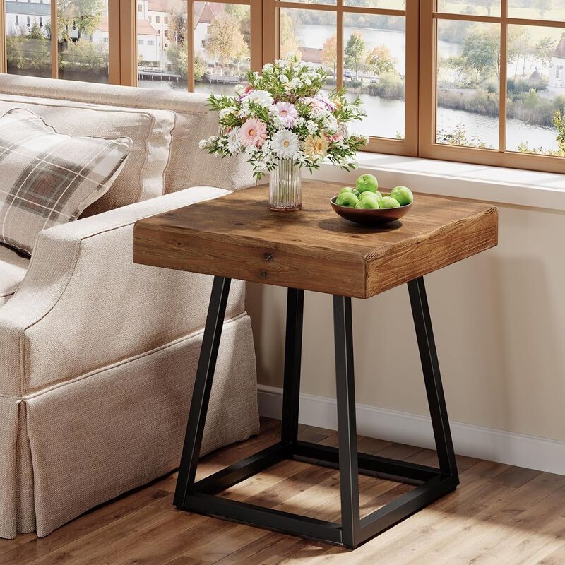 Solid Wood Square End Table, Metal Frame Side Table for Bedroom & Living Room image number 6