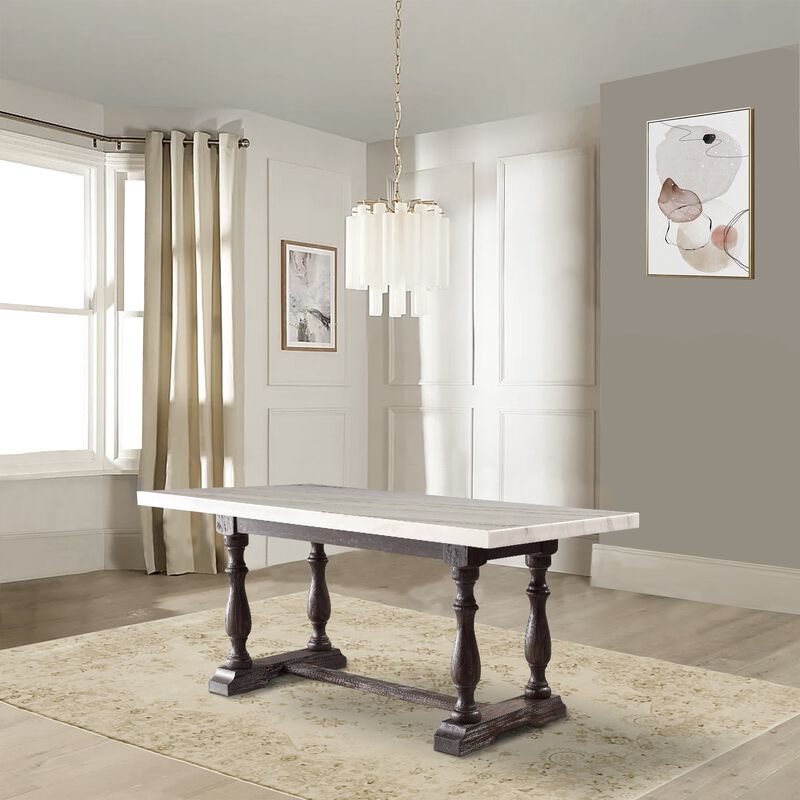 Wooden Dining Table with Marble Top , White and Brown - Benzara
