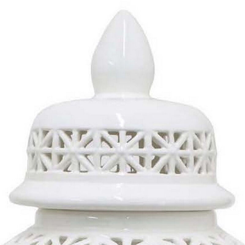 Paul 20 Inch Pierced Temple Jar with Lid, Intricate Pattern Ceramic, White - Benzara