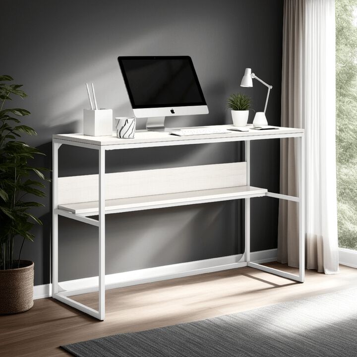 Deni Home Office Desk, 1 Shelf, White Wood, Metal Frame, 47 Inch