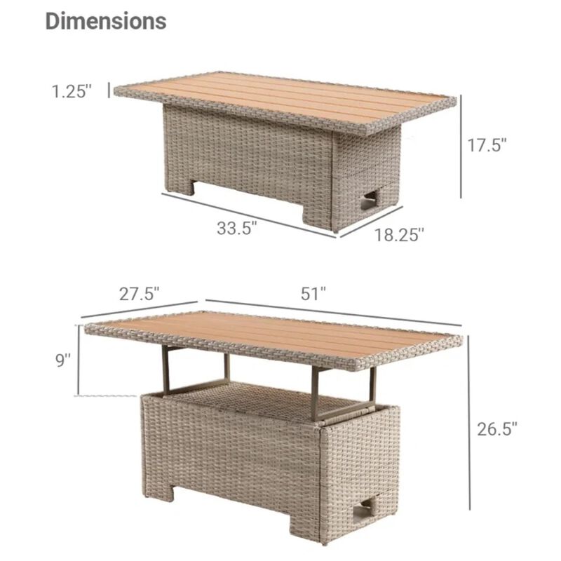 Mondawe Outdoor Detachable Rattan Lifting Table,Multi Functional Height Adjustment With Storage