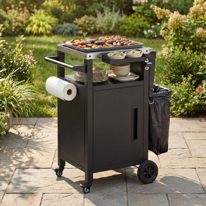 Whisen 33.9" Outdoor Grill Cart with Foldable Side Table, Removable Spice Rack, Wheels & Storage, Stainless Steel & Metal for BBQ Prep & Garden