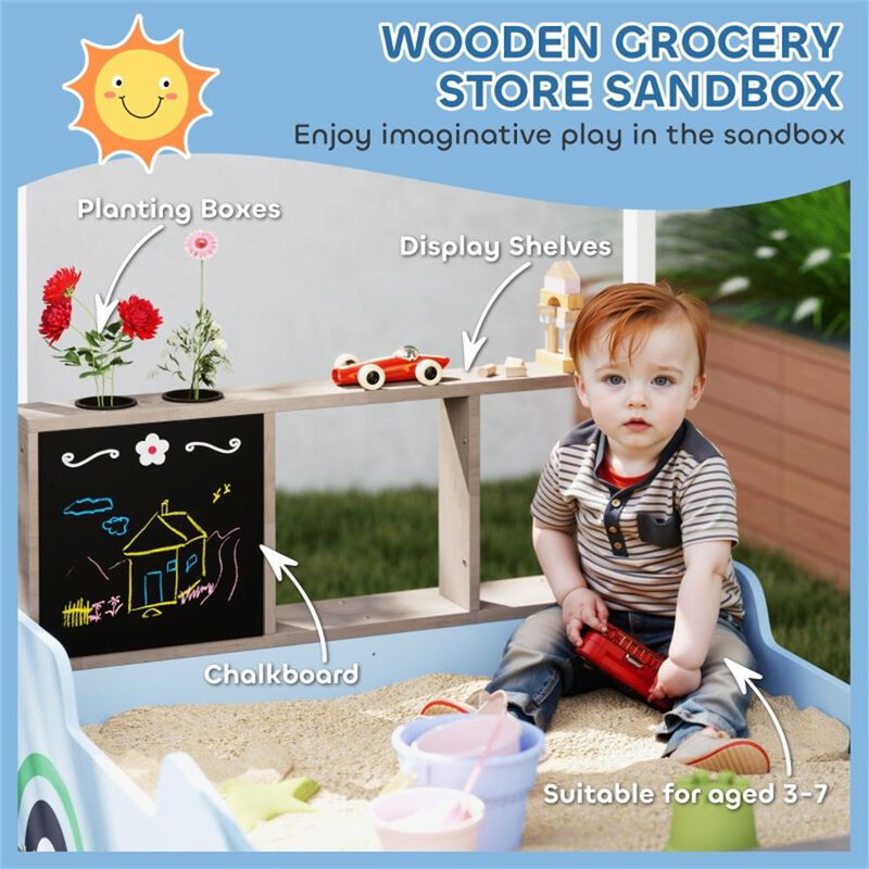 Wooden Kids Sandbox with Canopy and Toy Car Design-Light Blue image number 6
