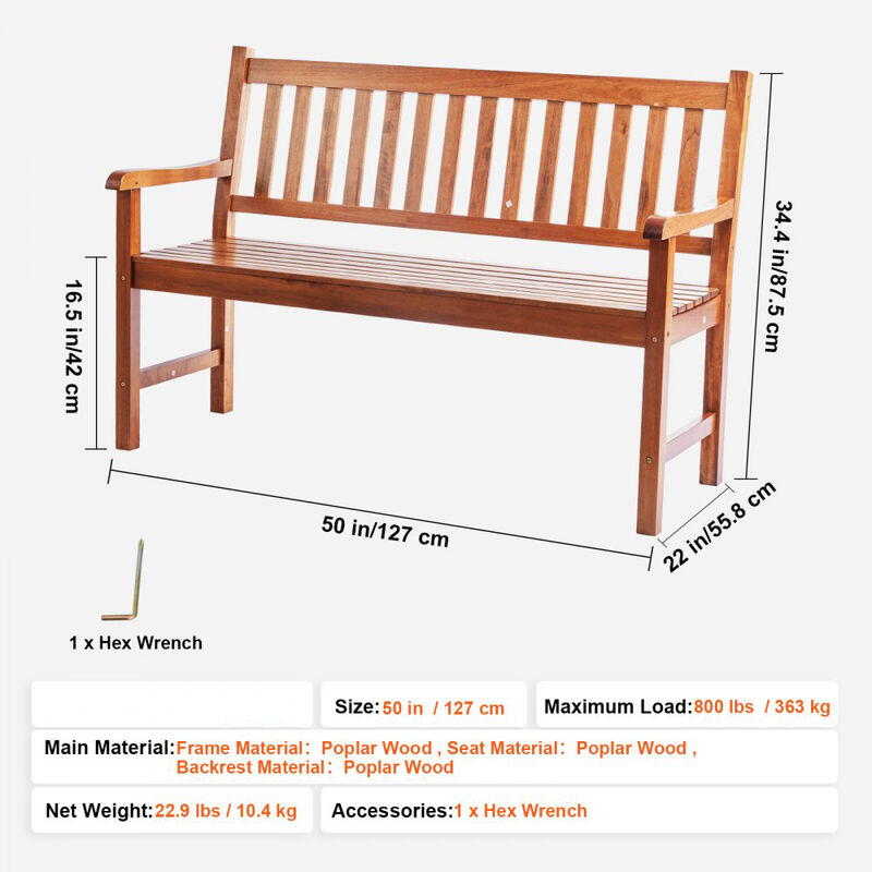 Outdoor Wooden Garden Bench, Patio Bench with Backrest & Armrests image number 2