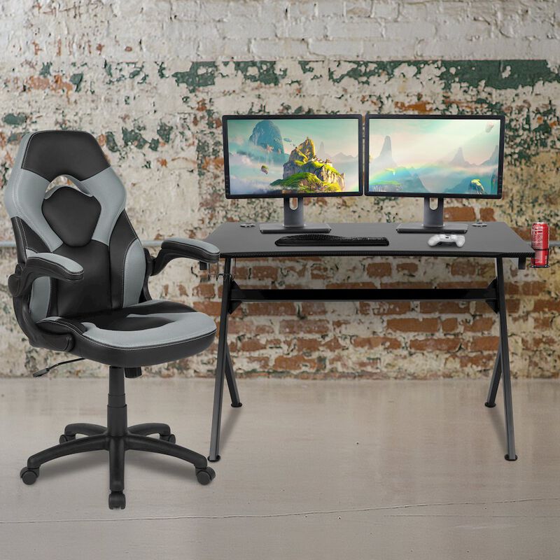 Flash Furniture Black Gaming Desk and Gray/Black Racing Chair Set image number 8