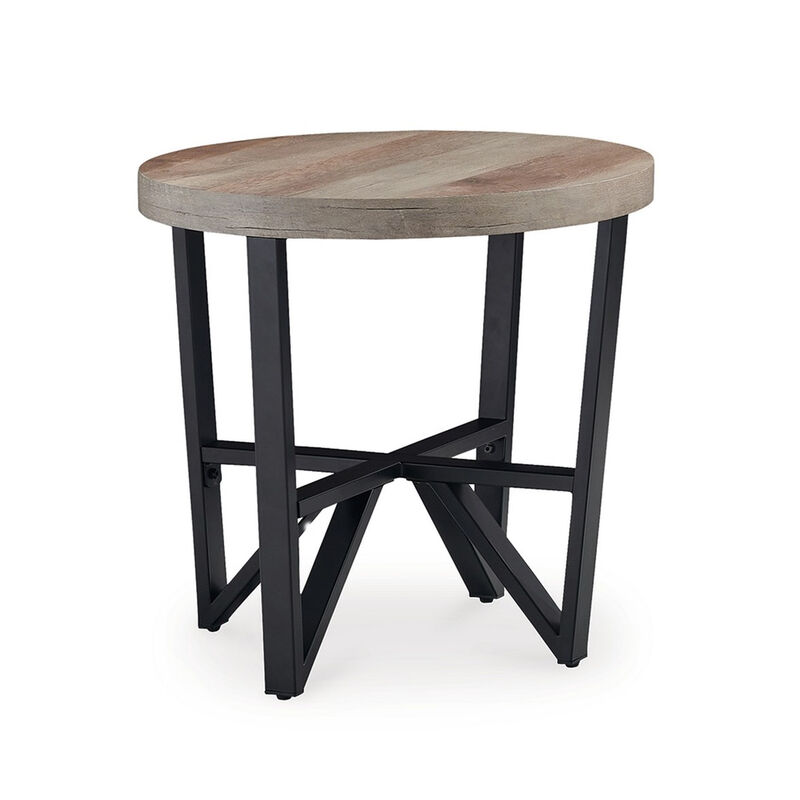Hya 3pc Coffee and End Table Set, Brown Wood Round Top, Black Angular