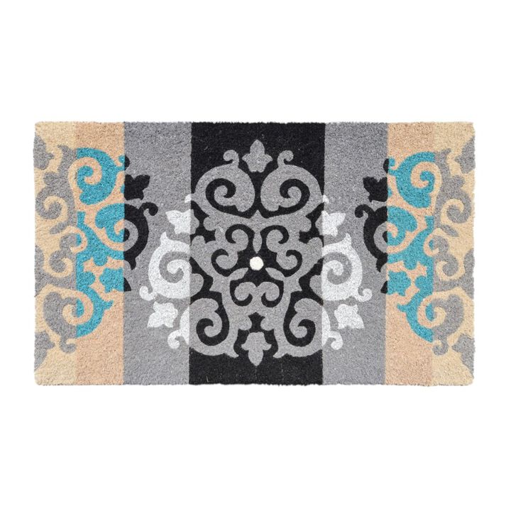 HomeRoots 18" X 30" Beige and White Coir Damask Outdoor Door Mat