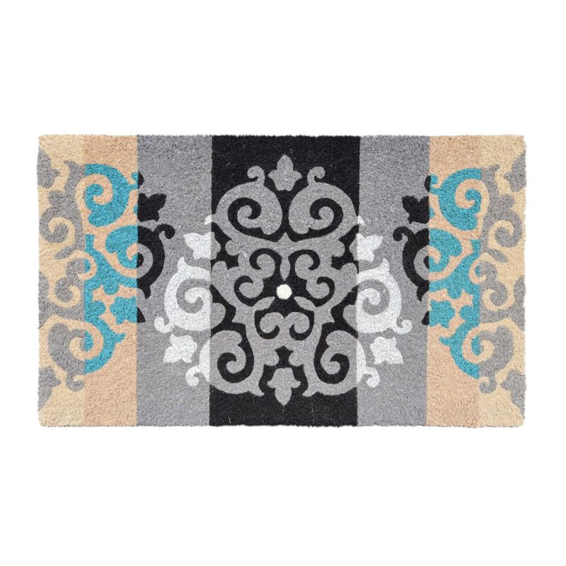 HomeRoots 18" X 30" Beige and White Coir Damask Outdoor Door Mat image number 0