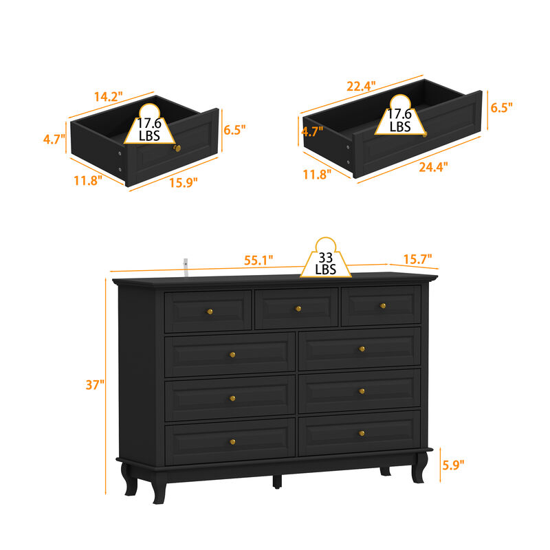 Modern 9-Drawer Dresser: Stylish Storage Solution in White or Black