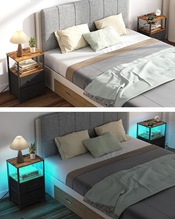 TUTOTAK LED End Table with Charging Station, Nightstand with Cloth Drawer, Side Table with 1 USB Port and 1 Type-C Port, Set of
